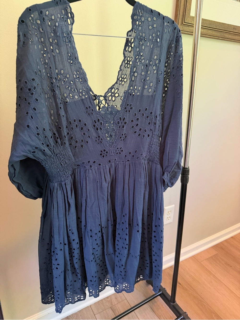 Free People Navy Eyelet V-Neck Mini Dress three quarter sleeves - Women - Picture 3 of 9